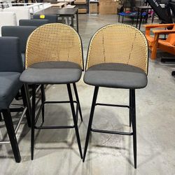 Swivel Bar Height Stools Set of 2, Mid Century Modern 29" Bar Chairs with Rattan Back and Metal Legs