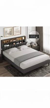 Queen Bed Frame w/ Storage Headboard & Charging Station – Dark Gray