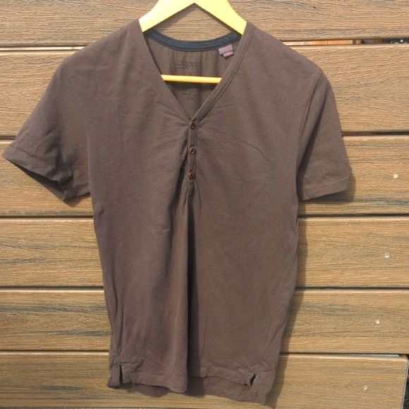 Esprit Women's Brown V-Neck Short Sleeve Tee with Ruching - Size Small 
