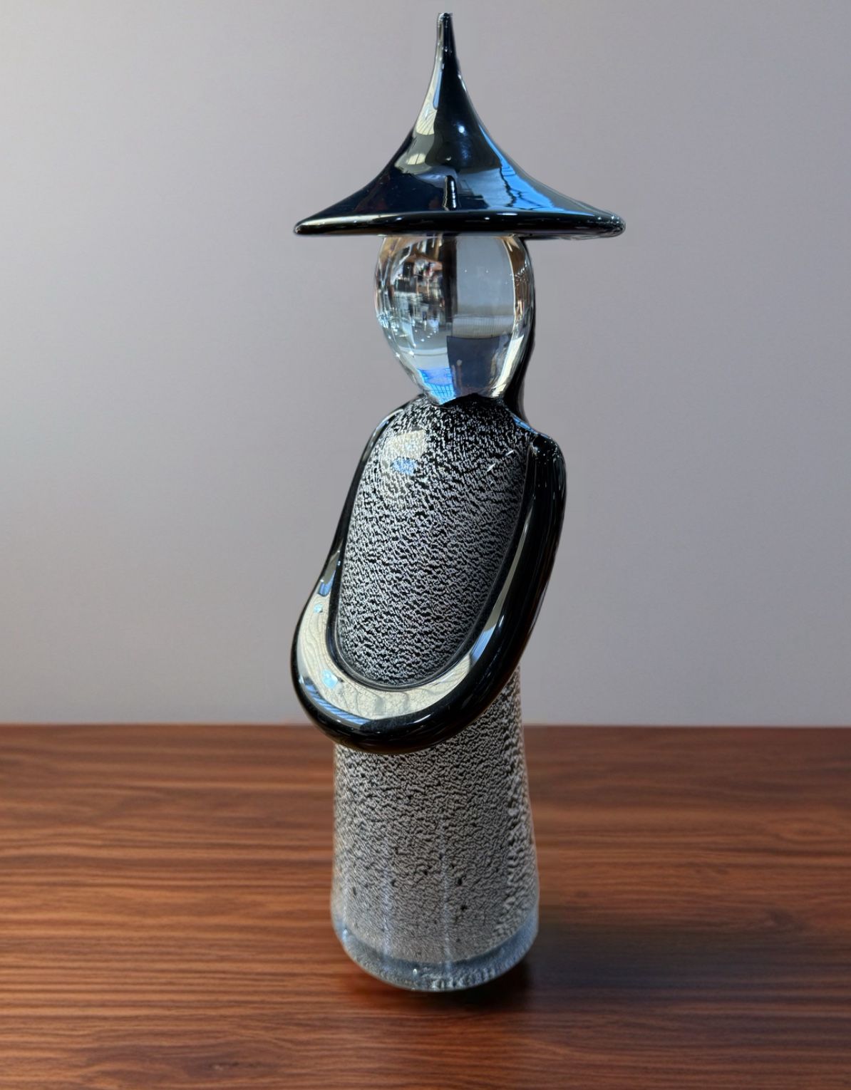 Murano Puccini Handblown Glass Chinese Figurine Black & Silver 10in