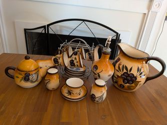 Olive Italian style designer tea set polished pottery ceramic with olive oil dispenser, salt and pepper shakers, and snack plates