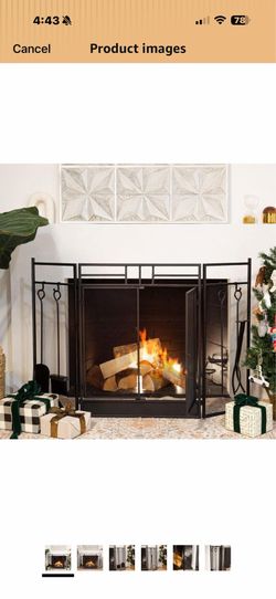 Barton 3-Panel Folding Fireplace Screen W/Magnetic Doors and 4-Pieces Fire Place Tools Set Home Steel Fire Spark Guard, Black   26