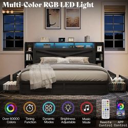 Queen Bed Frame with 4 Drawers, LED Bed Frame with Bookcase