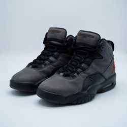 the Air Jordan 10 Retro "Shadow" (or "Dark Shadow"), a popular colorway featuring a grey nubuck and black tumbled leather upper with a checkered inner