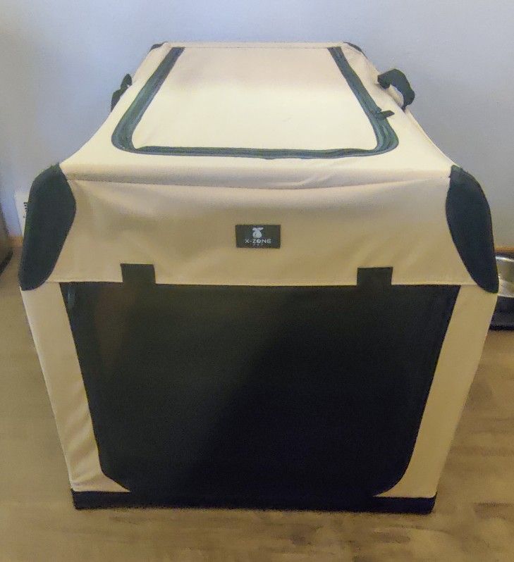 X-Zone Soft Traveling Pet Crate – Tan/Black – Folds Flat