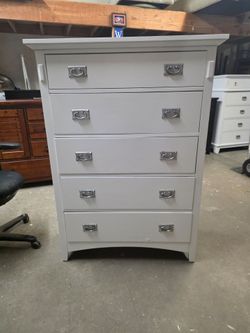 Modern White 5 Drawer Tallboy Dresser with Lift Top Mirror