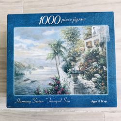 Tranquil Sea 27” x 20” HARMONY SERIES 1000 Piece Jigsaw Puzzle, Palm, Boat, Land