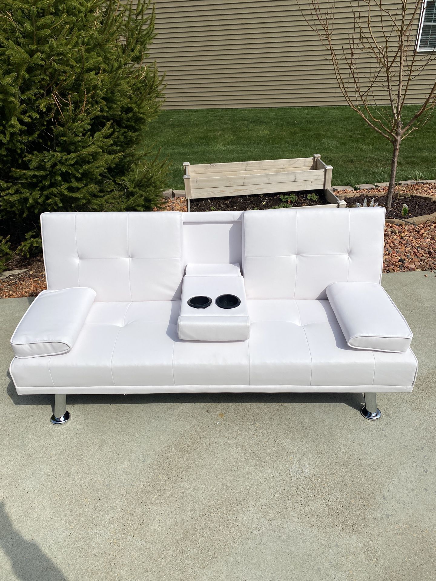 New White Faux Leather Futon Sofa Bed w/ Cupholders 