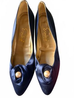 Veins Navy Satin Pointed Toe Pumps with Pearl Accent