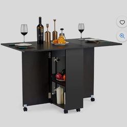 JOMEED NIB Dark Walnut Folding Dining Table with 6 Wheels, Drawer and 2-layer Storage