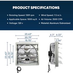 New in box 20 Inch Shutter Exhaust Fan, Gable Vent Fan, Wall Mount Ventilation, High Speed 3500CFM, Automatic Aluminum Blades, for Garages, Shop, Gree