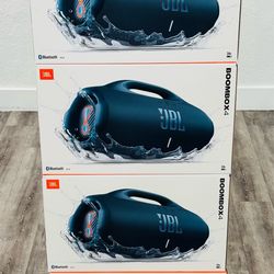 Brand new JBL Boombox 4 portable speaker in original box. This blue speaker has IP67 waterproof and dustproof rating. It features up to 24 hours of pl