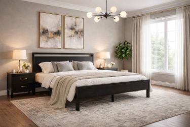 King bed Metal Platform Bed Frame with Wooden Headboard and Footboard, Mattress Foundation, No Box Spring Needed, Large Under Bed Storage, Non-Slip Wi