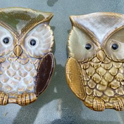 vintage glazed ceramic owl dishes/home decor set