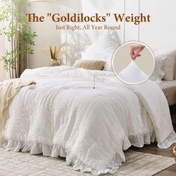 White Comforters Queen Size, 3 Pieces Ruffle Seersucker Queen Comforter Set for All Season, Lightweight Soft Shabby Chic Bedding Sets for Women（1 Comf
