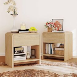 Modern Night Stand Set 2 with Storage Drawer & Open Shelves, 24" Round Bedside Table Nightstand with Curved Top Corners for Bedroom Living Room Sofa O