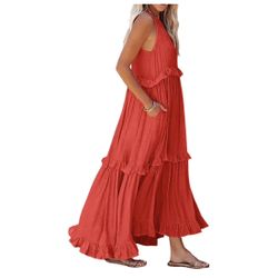 Red Halter Neck Tiered Maxi Dress Sundress