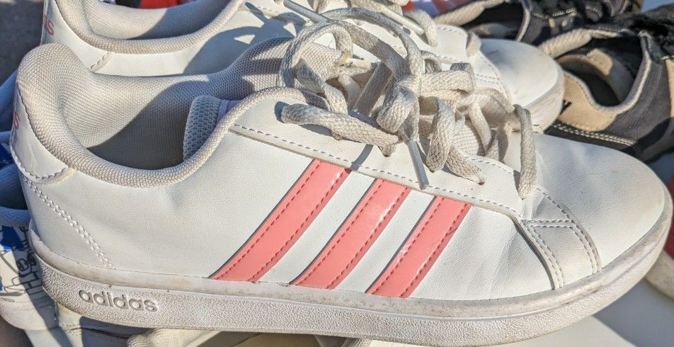 Gently Used Women's White And Pink Striped Adidas Shoes