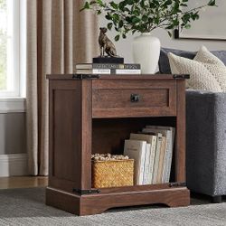 New Farmhouse End Table with Charging Station 1 Drawer Open Cabinet Rustic Wood Side Table, Dark Walnut
