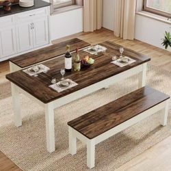 new assembled F1991X 55" Dining Table Set, 3 Pieces Wood Kitchen Table with 2 Benches