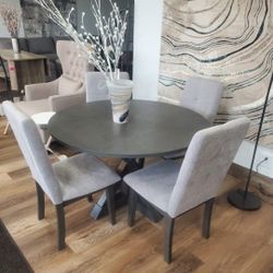 Modern 5-piece Round Dining Table Set with Cross-Buck Dining Table, Upholstered Chairs