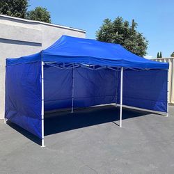 (NEW) $225 Heavy Duty 10x20 FT Canopy (with 4 Sidewalls) Ez Pop Up Outdoor Party Tent w/ Carry Bag (White/Blue)