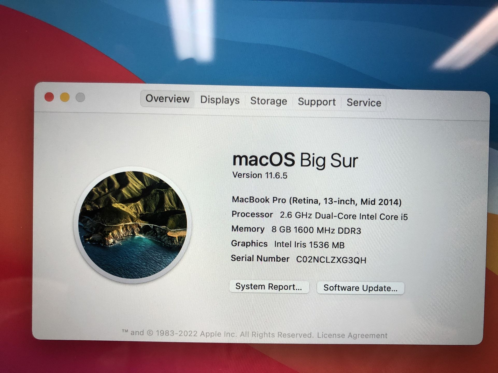 2014 Apple MacBook Pro 13” i5 2.60GHz 8GB RAM 128GB SSD Big Sur Webcam WiFi Bluetooth HDMI