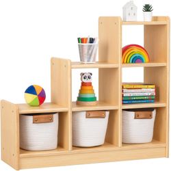 OOOK 6 Cube Shelves Storage Cabinet, L Shaped Freestanding Ladder Corner Bookshelf 6 Cubes Stepped Etagere Bookcase, 3 Tier Wooden Storage Display She