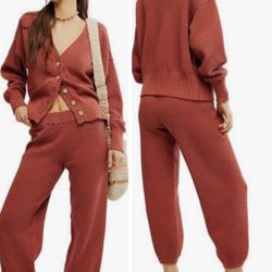 FREE PEOPLE Hailee Waffle Stitch Cardigan & Pants set NEW