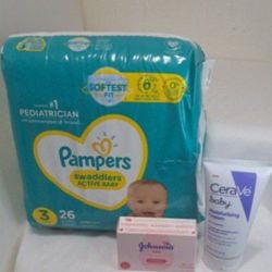 Pampers Size 3/26 Ct + CeraVe Cream & Johnson's Body Bar