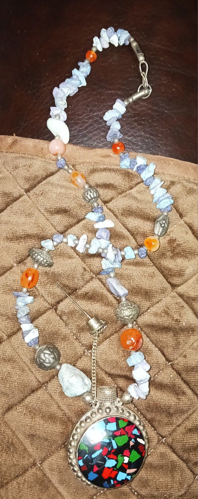 Vintage Tibetan Silver Mosaic Snuff Bottle Necklace And Free Earrings