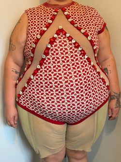 Red & White Rhinestone Illusion Drag Bodysuit | 24/26