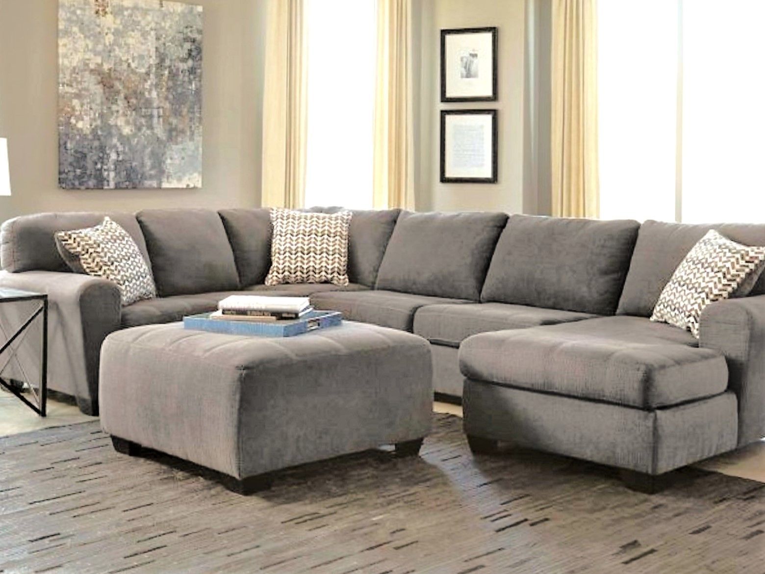 Sectional Sofa with Plush Pillows - Grey