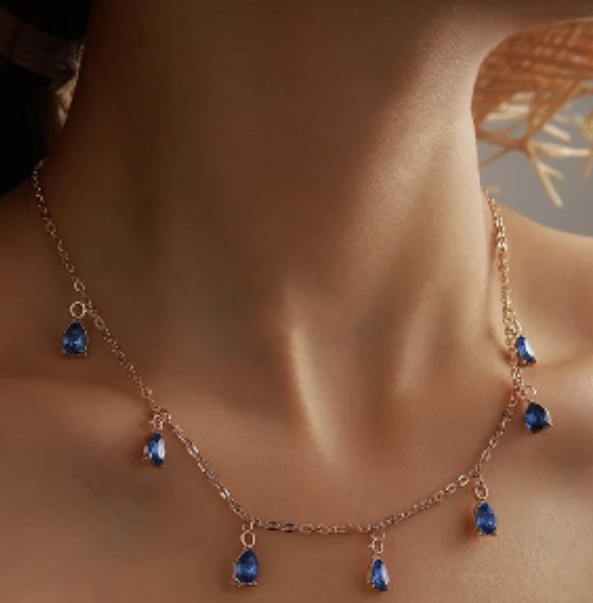 N76- Bohemian Shiny Blue Rhinestone Chain Choker Necklace! 