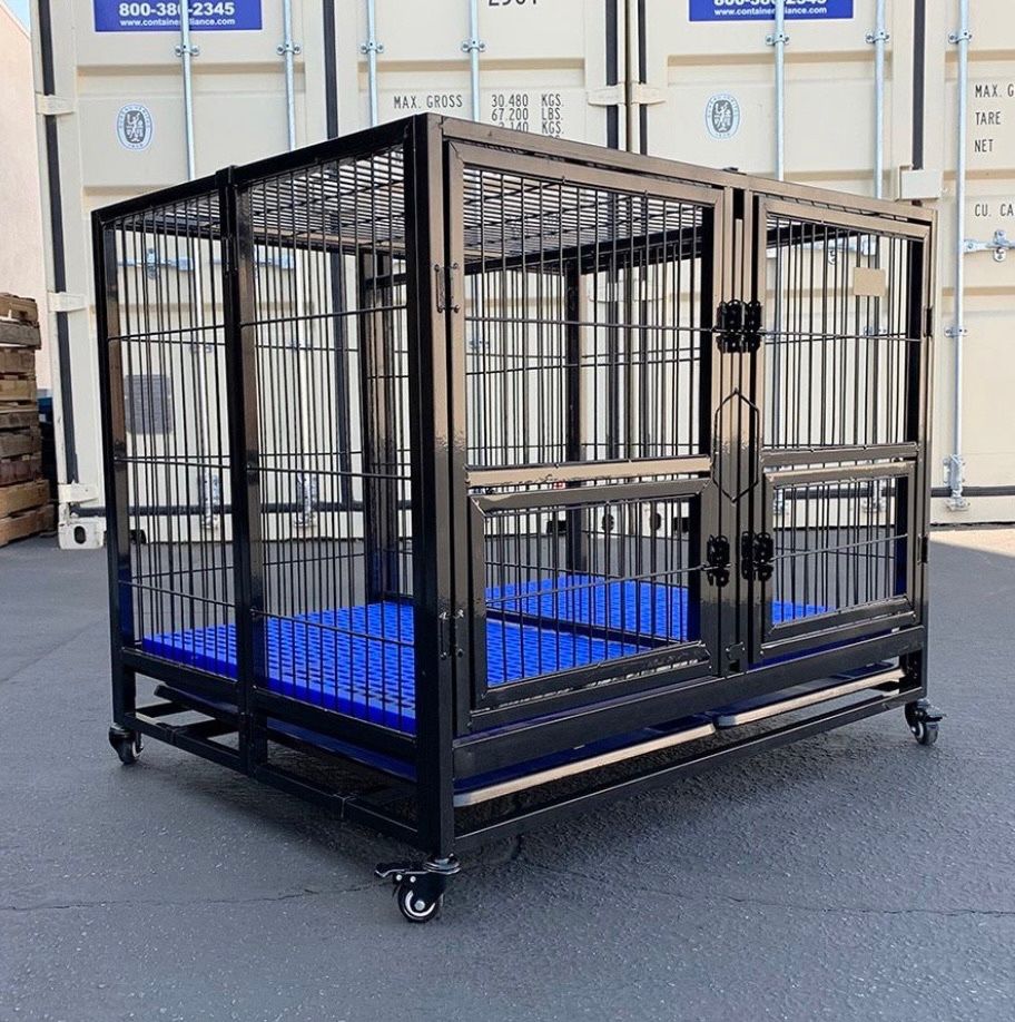 XXXL Heavy Duty Dog Cage, 50” Large Dog Kennel With Divider, blue floor grid and wheels