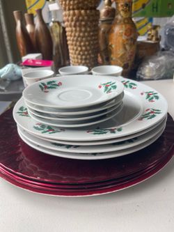 Christmas Holly and Berry Dinnerware Set - Plates, Cups, and Saucers