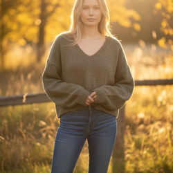 elodie green tight-knit V-neck pullover sweater long sleeve solid size M