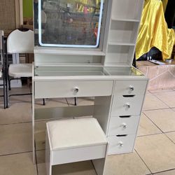 White Vanity Desk Set with Mirror and Lights, Makeup Table with Charging Station, Comfortable Bench,