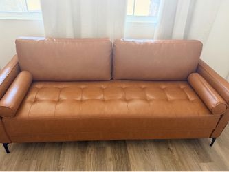 Leather  Mid-Century Modern Sofa with Bolster Pillows in Caramel Brown