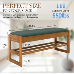 DPWoodon  39.4" Large Size Acacia Wood Entryway Shoe Rack Bench with Cushion, (Color Peru/Dark Green/Dark Brown)