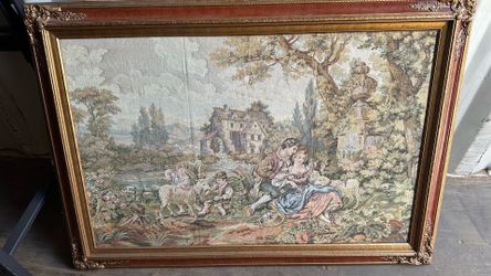 Large Vintage Framed European Style Tapestry Wall Art – 50” x 35”