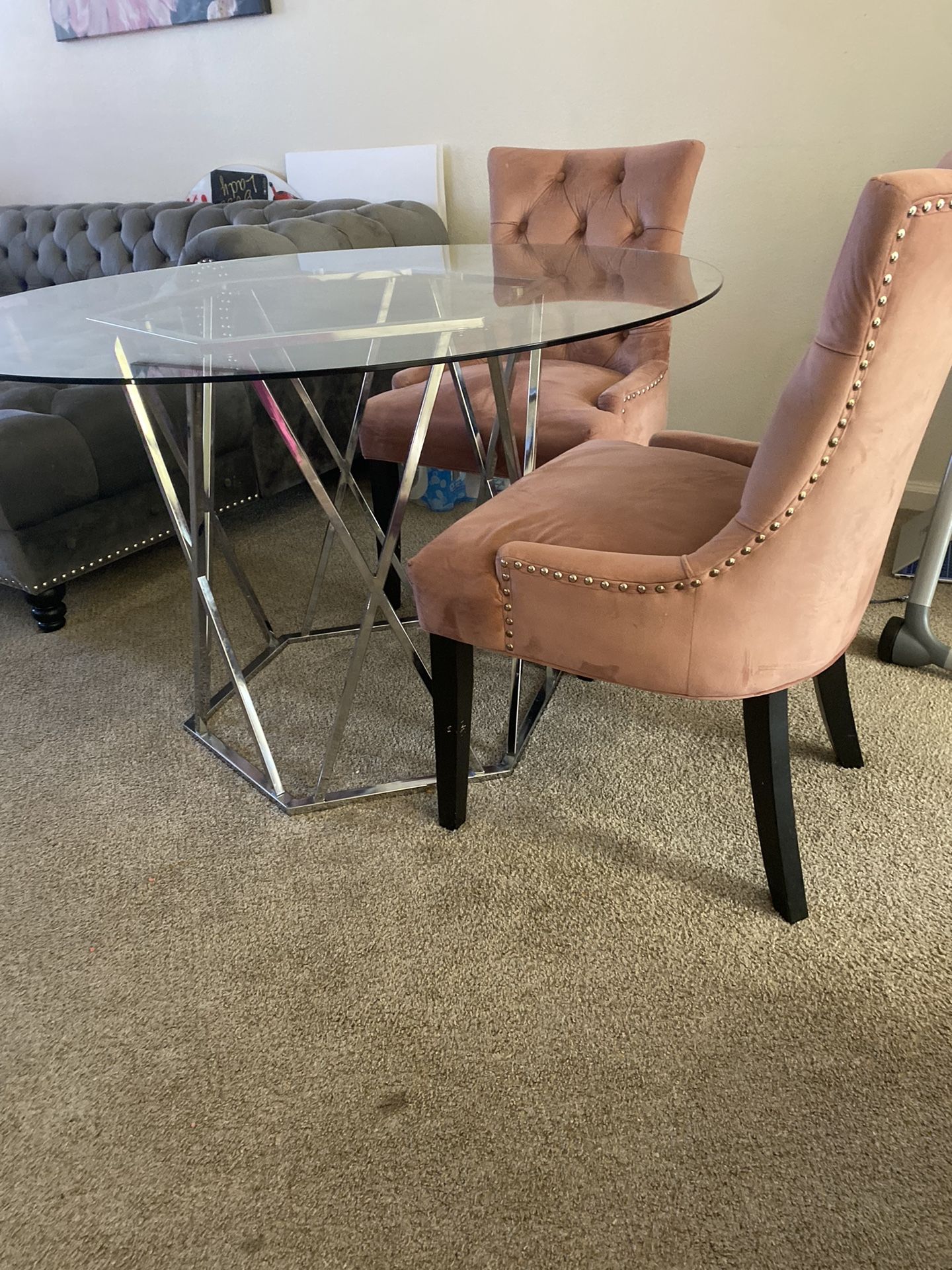 Glass Table And 2 Velvet Chairs 
