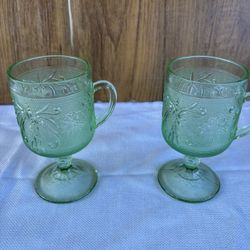 vintage Tiara Indiana Glass mugs in the Chantilly Green Sandwich pattern.  (2)