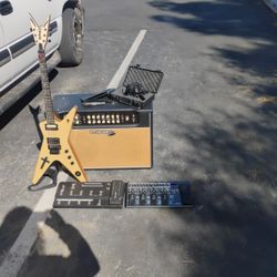 Line 6 Amp And Peddle Board And Guitar Boss Me 80 Sure 57 Mxl Mic
