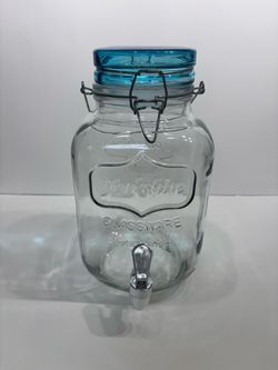 Yorkshire Glassware Beverage Dispenser Blue Lid Top Glass Jar 1 GALLON