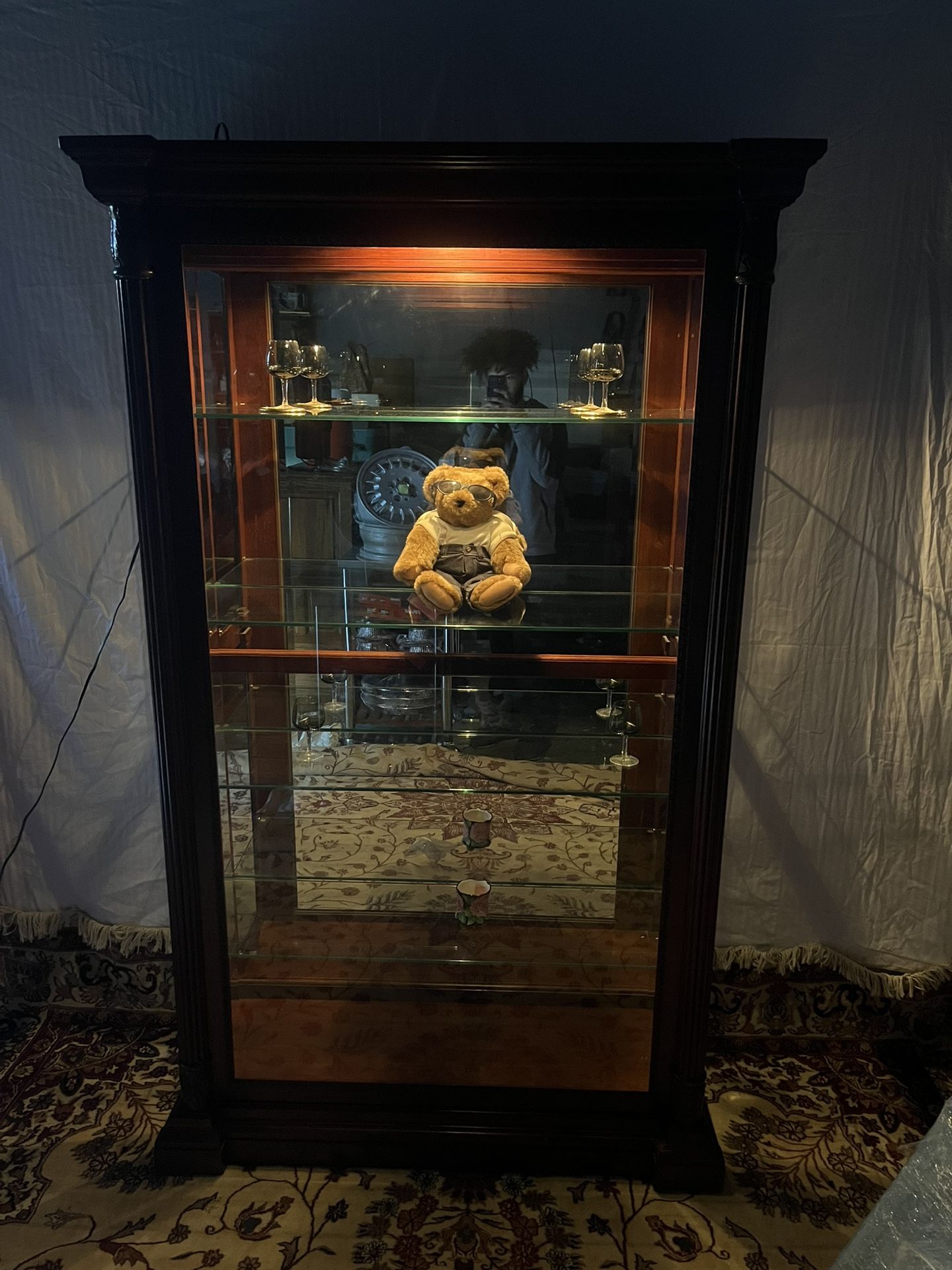 full glass front 5 shelf cherry wood curio cabinet
