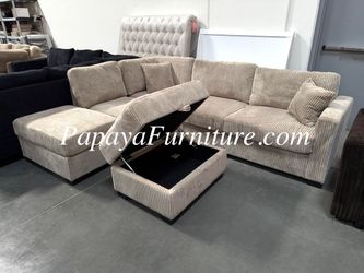 New Modern Reversible Chaise Sectional Couch with STORAGE Ottoman Set Tan Beige Fabric Living Room Furniture Contemporary IKEA Style Discount Closeout