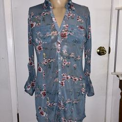 NY Collection Women Floral Light Blue Blouse Top Button Down Long Shirt Sz S
