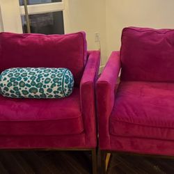 2 Pink And Gold Suede Accent Chairs 