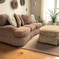 Broyhill Brown Chenille 3-Seat Curved Couch & Rolling Ottoman